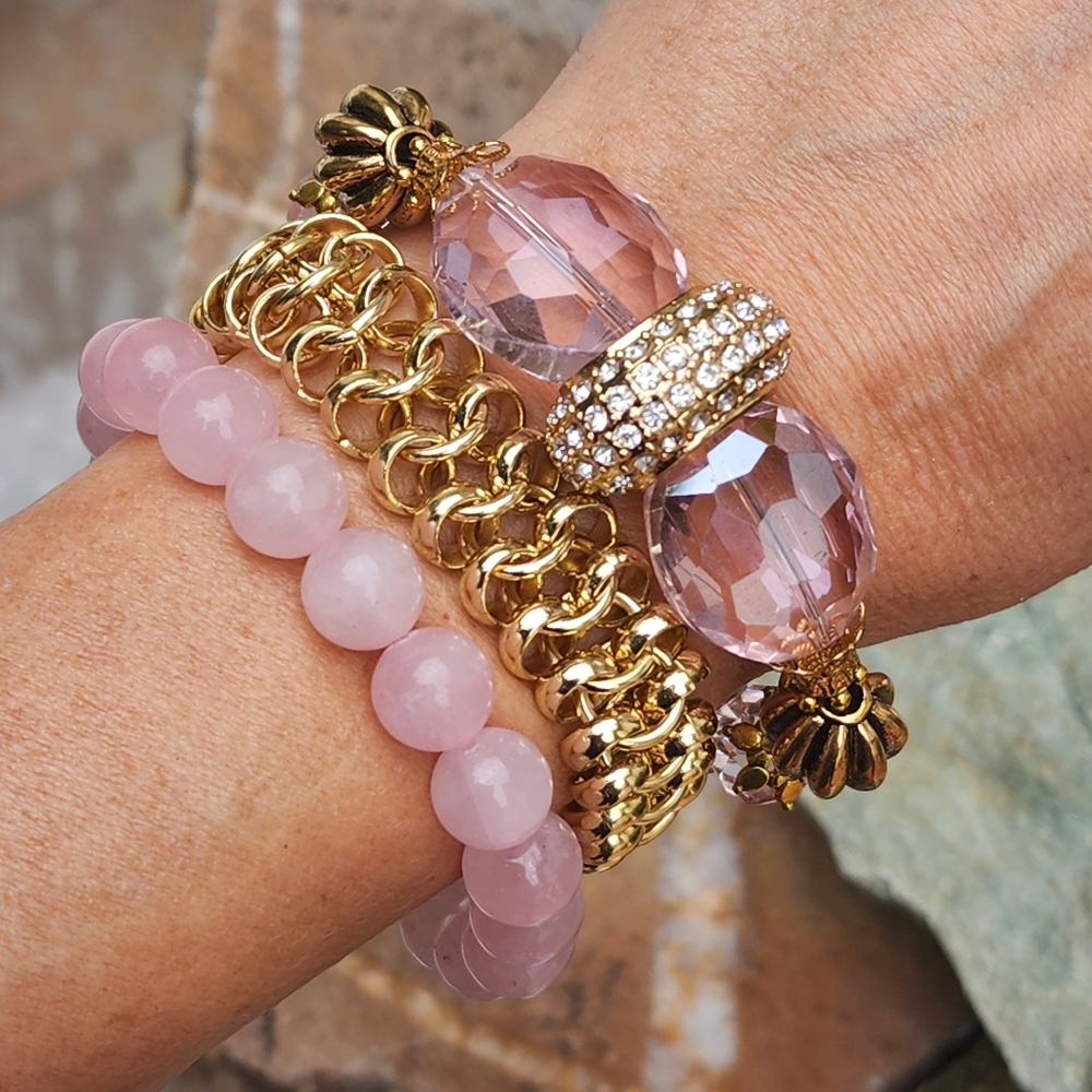 Austrian Crystal's Pink/Gold Artisan GODIVA Gold-plated Stacking Bracelets Set